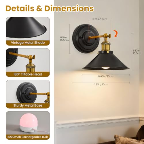 Image of Lightess Black Rechargeable Battery Operated Wall Sconces Set of 2