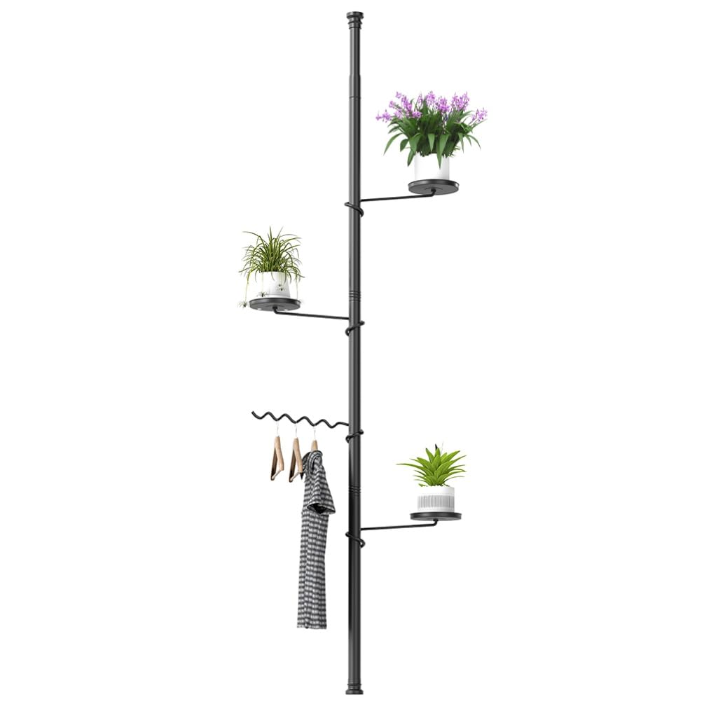 BAOYOUNI Adjustable Tension Rod Plant Stand with 3 Trays 1 Wave Hanger