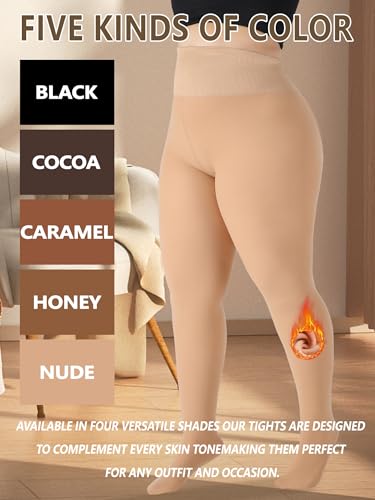 Image of Plus Size Fleece Lined Tights Women, Control Top Thermal Tights for Women, Fake Translucent Winter Warm Tights