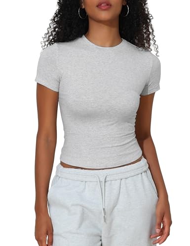 Hilor Women's Casual Basic Cotton T-Shirts Short Sleeve Y2K Going Out Crop Tops Baby Tees Tight Fitted Crew Neck T Shirts
