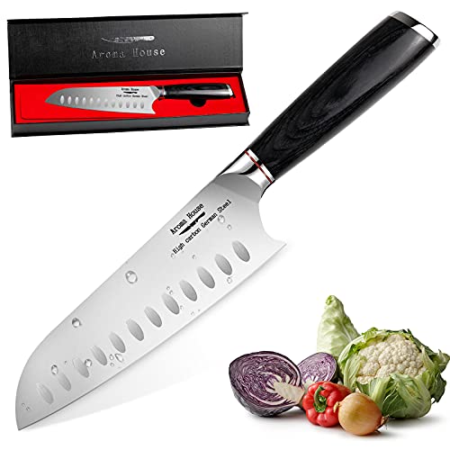 Aroma House Santoku Cuchillo de cocina de 7 pulgadas, cuchillo de cocina alemán ultra afilado, de acero inoxidable, con mango ergonómico y caja de regalo, la mejor elección para cocina y restaurante Cover