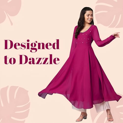 Image of PH POSHAKHUB Georgette Regular Fit Hand Embroidery Anarkali Kurta Set for Women, Yoke Anarkali Kurta for Woman, Ankle Length Anarkali Suit for Women, Full Sleeve Kurti, Dress for Woman