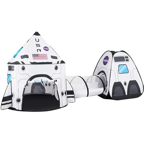 JOYIN White Rocket Ship Pop up Play Tent with Tunnel and Playhouse Kids Indoor Outdoor Spaceship Tent Set Cover