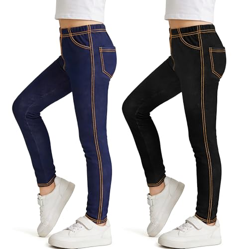 Tokeya Leggings Niña Vaqueros Pack de 2, Elástico Cintura Alta Largos Pantalones Leggins, Suaves Cómodos Slim Fit Legging Infantiles Primavera y Otoño Casual Ropa para 11 12 Anos, Negro y Azul Marino