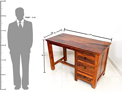 Image of Wooden Study Writing Table with 3 Storage Drawer for Study Room Living Room Hall Home Office Soild Sheesham Wood | Honey Finish
