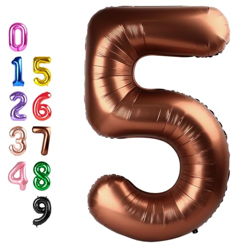 Image of Number Balloons Brown 5 Balloon 40 inch for 5th Birthday Party Decorations | Saturated Color, Large 40 inch, With Inflation Straw & Hanging Holes, Great for Thanksgiving, Vintage & Cowboy Theme Party