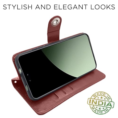 Image of Pikkme Flip Cover Leather Finish | Inside TPU with Card Pockets | Wallet Stand and Shock Proof | Complete Protection Button Flip Case for Xiaomi Civi 4 Pro 5G / Xiaomi 14 Civi 5G (Brown)