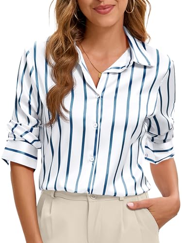Image of Premium Soft Breathable Stretch Satin Silk Button Down Shirts for Women Long Sleeve Leopard Blouses Work Dress Tops