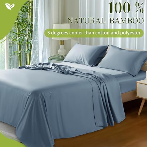 Shilucheng 100% Viscose Derived from Bamboo_ Sheets King Size 4pcs - Ultra Cooling & Silky Soft Bed Sheets, 16" Deep Pocket, Perfect for Hot Sleepers, Hotel Bedding Sheets (French Blue)