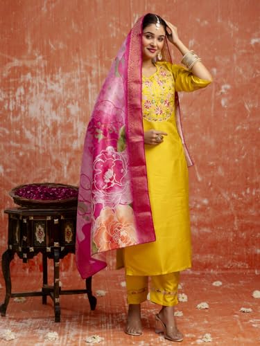 Image of VredeVogel Women's Silk Blend Embroidered Kurta Pant Set with Jacquard Dupatta | Modern & Traditional Blend Ethnic Wear Set