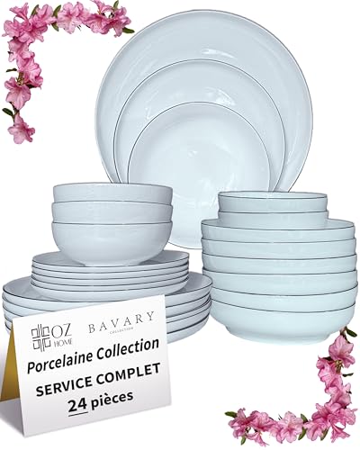 BAVARY Service Vaisselle 24 Pièces, Set De Table Beige & Assiette Porcelaine – Service De Table 6 Personnes De Plates & Assiette Creuse, Bols – Vaisselle...
