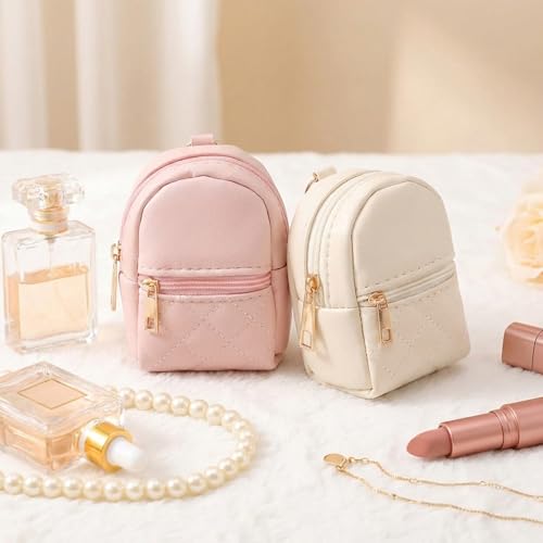 2 Pcs Mini Keychain Backpack, Cute Cosmetic Bag for Women Creative Pendant Keychain Keyrings PU Leather Makeup Bag Key Pocket Lipstick Bag Card Holder Zipper Pouch(Pink+Beige) - Image 3
