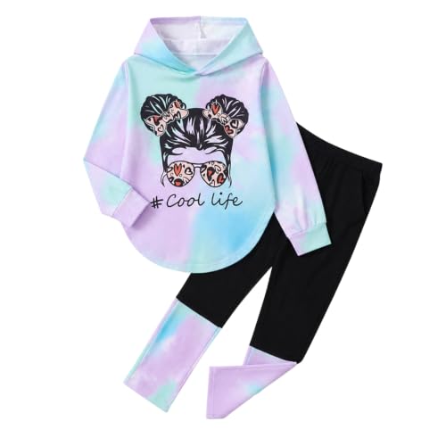 Image of Girls 2 Pcs Fall Winter Tie Dye & Leggings Outfits For Teens 5-14 | 2026 Girls Fashion Trendy, Long Sleeve Hoodie, Cool Life Print, Patchwork Pants, Back to School Holiday Tracksuit