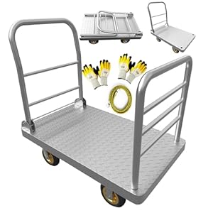 2IN1 Platform Truck Cart with Detachable Rear Guardrail,2650lbs Heavy Duty Push Cart Dolly w/Swivel Casters,All-Steel Hand Trucks,48“×24”Flatbed Cart,Work Gloves 2Pairs&1Bunge Cord Included