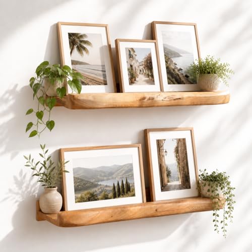 JOLLYMER Ceder Wood Live Edge Picture Ledge Shelf Set of 2 - Handmade Natural Cedar Root, Floating Wall Shelves for Frames (16")