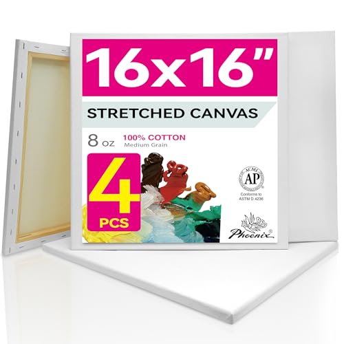 PHOENIX Stretched Canvas for Painting 16x16 Inch/4 Value Pack, 8 Oz Triple Primed 5/8 Inch Profile 100% Cotton White Blank Canvas, Square Framed Canvas for Oil Acrylic & Pouring Art