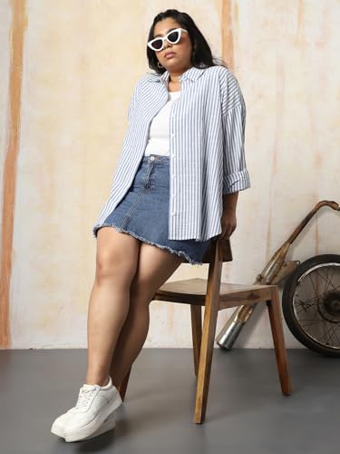 Image of HIGH Star Oversized Striped Cotton Shirt for Women | Stylish Tops for Women | Comfortable and Trendy Casual Shirt