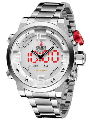 Alienwork DualTime Analog-LED Armbanduhr Herren Damen Silber Edelstahl Metallarmband Kalender Weiss Multi-Funktion Multi Zeitzonen