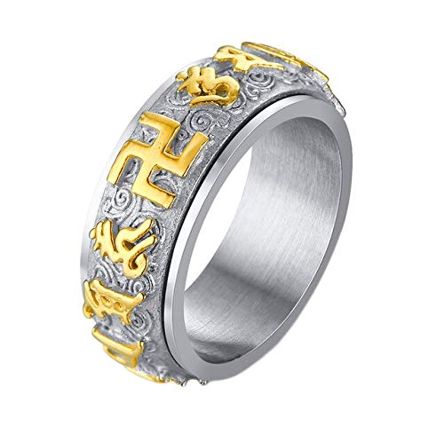 Asma Jewel House Mantra Amulet Spinner Tibetan Buddhism Buddhist Swastika Ten Thousand Characters Ring for Men/Boys