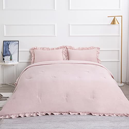 Blush Pink Comforter Set King Size (104X90 Inch) 3 Pieces - Soft Fluffy Ruffled Comforter Sets All Season Lightweight Duvet Insert With 2 Shams For Girls Bedroom Microfiber Down Alternative #TOP14