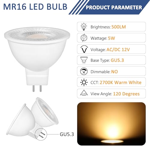 Caldarax 6 Pack MR16 GU5.3 LED 5W 12V Reflector Bulb, Warm White 2700K, Equivalent to 50W 35W Halogen Spotlight Bulb, 500LM - Image 2