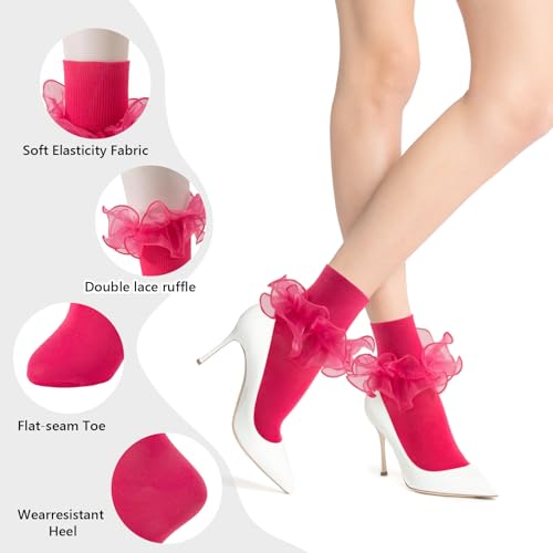 Image of Women Big Ruffle Ankle Socks Adult Double Lace Frilly Socks Fold Cuff Cotton Ruffled Dress Crew Bobby Bride Sock
