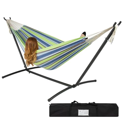 Portable Blue Green Stripe Cotton Hammock with Metal Stand and Carry Case New