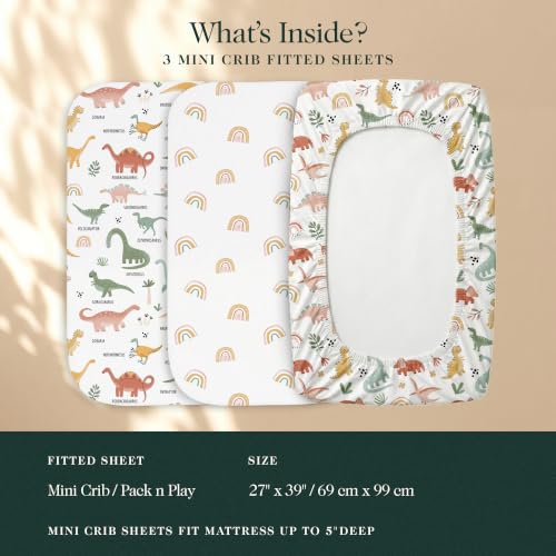 Image of 100% Organic Cotton Mini Crib Sheets (3-Pack) - GOTS Certified, Soft Fitted Sheets for Mini Mattress & Pack n Play, 5 in Deep Pocket with Secure Elastic Fit, Boys & Girls, (27 inch x 39 inch) Jurassic Joy