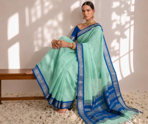 HerClozet sea green soft silk saree in soft silk – image 6