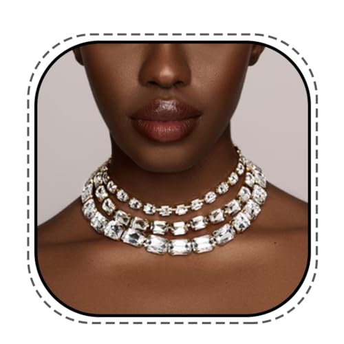 JONKY Square Crystal Choker Triple Layer Necklace Bridal Chain for Women