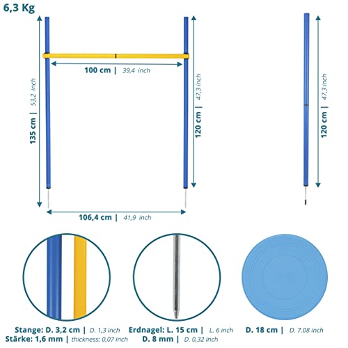 valuents Slalom Stangen mit Hürde in blau – Agility Set für Hunde – Hundetraining Zubehör – Fußball Traininigsset