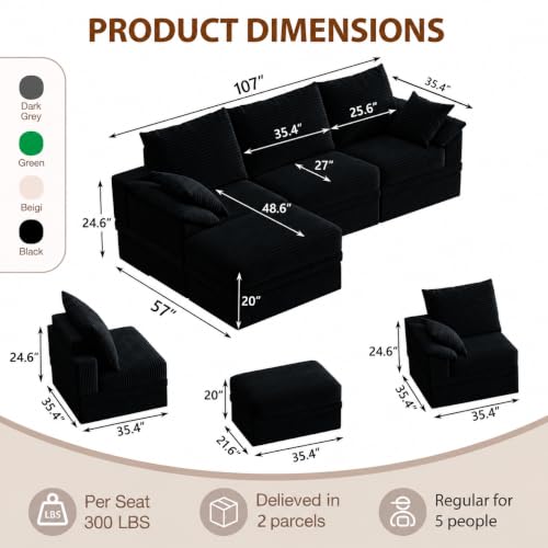 107" Modular Sectional Sofa Boneless Couch with Storage,L-Shape 3 Seat Comfy Modern Cloud Couch Sofa with Ottoman, 27" Deep Seat Corduroy Sofa for Living Room, Tool-Free Assembly - Black - image 3