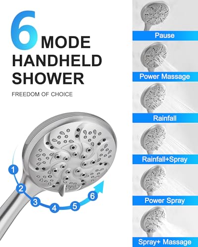 Sistema de ducha Fapully de pared con cabezal redondo de 10 pulgadas, conjunto completo con ducha de mano de 6 sprays y barra corrediza, incluye válvula y kit de recorte, acabado níquel cepillado miniatura 3