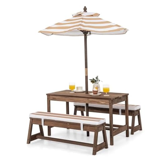 HONEY JOY Kids Picnic Table, Outdoor Wooden Table & Bench Set w/Removable Cushions and Umbrella, Stripe Fabric, Children Backyard Furniture for Patio Garden, Gift for Toddler Boys Girls Age 3+(Coffee)