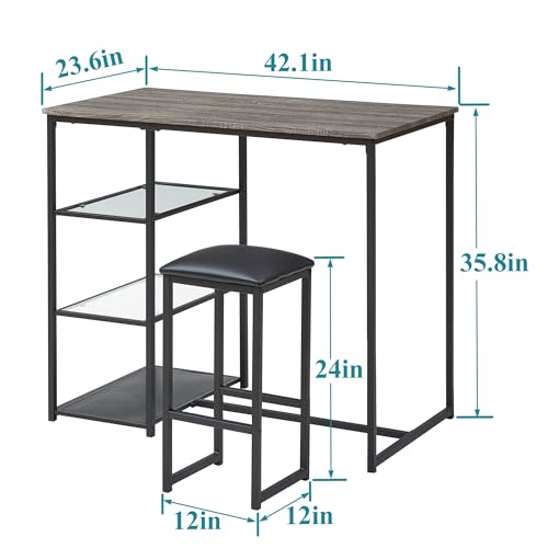 Image of VECELO Dining Table Set for 2 with 3 Storage Shelves,Counter Height Kitchen Table and Chairs with Pu Cushion Chairs & Wood Top for Small Space,Dining Room,Apartment,Gray