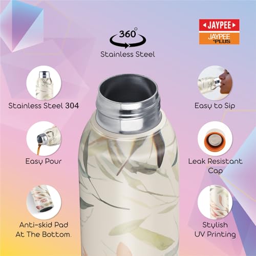 Image of Jaypee Plus Punch Prime Stainless Steel Printed Vacuum Insulated Water Bottle 620 ml | ISI Certified Rustproof & Leakproof Flask with 24Hrs Hot & Cold Ideal for School Kids, Office & Travel - (White)