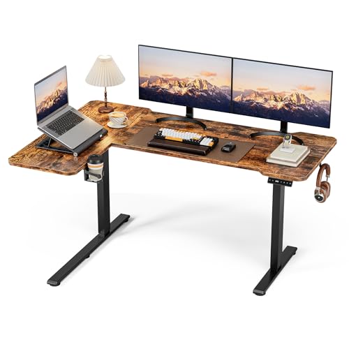 59″ Reversiable L-Shaped Electric Standing Desk Adjustable Height Gaming Stand Up Corner Desk Sit Stand Home Office Computer Desk with Splice Board,Rustic Brown Top