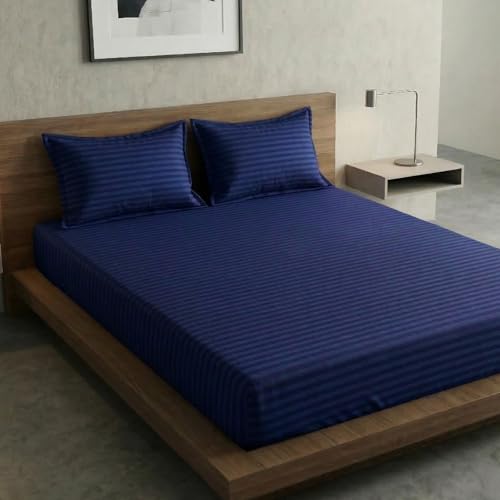 Image of Home Sizzler 300TC Cotton Blue Satin Striped Double Bedsheet with 2 King Size Pillow Covers, 90 inchX92 inch