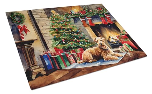 Caroline's Treasures DAC2698LCB Lakeland Terrier Cozy Christmas Glass Cutting Board Large Decorative Tempered Glass Kitchen Cutting and Serving Board Large Size Chopping Board