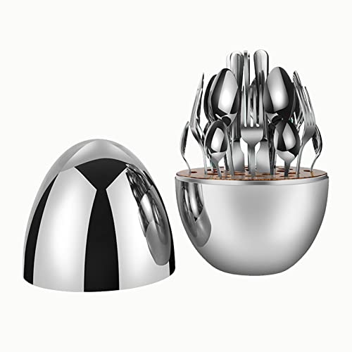 HRZZEOKV Set de Couverts Créatifs Forme d'œuf, Set de Couverts Service 6 Personnes (Couteaux et Fourchettes), Set Couverts Mixtes de 24 Pièces, Polissage Miroir et Lave-Vaisselle,Argent Cover