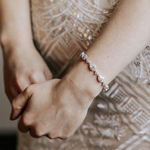 Sweetv Wedding Teardrop Bracelets For Brides Bridesmaids, Crystal Cubic Zirconia Bridal Bracelets For Women Prom, Silver #TOP1