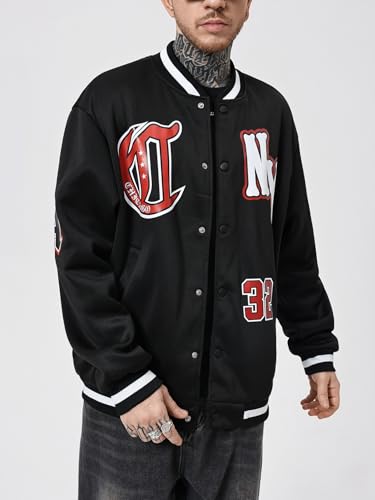 Image of SOLY HUX Men's Varsity Jacket Letter Graphic Long Sleeve Baseball Bomber Jacket with Pockets Black Letter Small