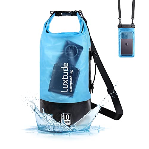 Luxtude Waterproof Dry Bag for Women Men, 10L Waterproof Backpack with Phone Case, Roll Top Floating Marine Dry Bags for Kayaking, Travel, Hiking, Swimming, Boating, Camping, Beach etc. (Blue)