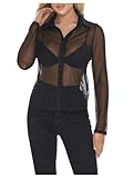 GORGLITTER Women's Sheer Long Sleeve Tops Shirt Dressy Casual Fall See Through Button Up Fall Work Teacher Blouses 2025 Mesh Black Medium