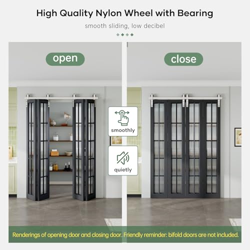 Roymelo 64\" Brushed Nickel Bifold Sliding Barn Door Hardware Track Kit,Side Mounted Roller,Smoothly and Quietly,Assembly Easy,Fit Four 15\" Bi-Folding Doors (Door Not Included) - Thumbnail 3