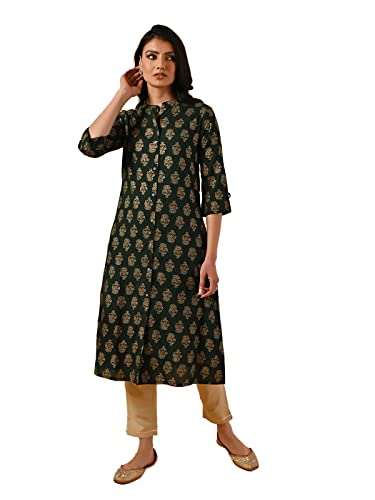 Image of rangita Green Rayon Calf Length Printed Front Slit Kurti for Women | Kurta for Women