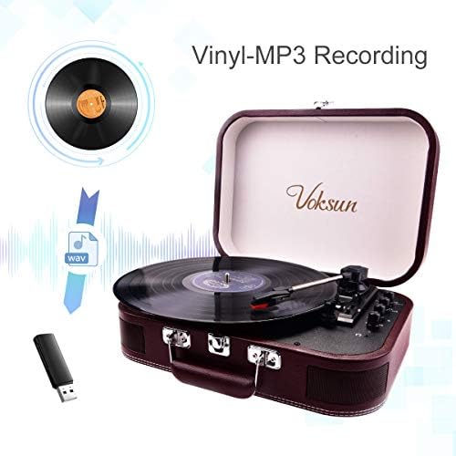 Record Player, VOKSUN Portable Bluetooth Vinyl Turntable with Built-in Stereo Speakers, 3-Speed Belt-Drive Suitcase Vinyl LP Player, Supports Vinyl to MP3 Recording, AUX/USB/RCA/Headphone Jack
