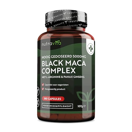Nutravita Schwarze Maca Kapseln – 180 vegane Kapseln – 100% peruanisches Maca Schwarz 10:1 Extrak mit Panax Ginseng und L-Arginin – Hochdosiert und vegan mit 5000 mg – 6-Monatsvorrat