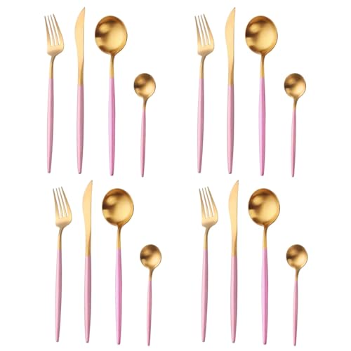 Image of aDai Premium Gold SUS304 Stainless Steel Cutlery Set - 8 Spoons, 4 Fork, 4 Steak Knife - Mirror Finish Dinnerware Flatware (Pink - Set of 16)