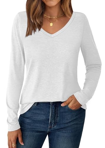 GKBK Women Long Sleeve V Neck Shirt Soft Casual Basic Tee Tops for 2025 Fall and Winter Fitted Clothes Trendy Everyday Wear White XL